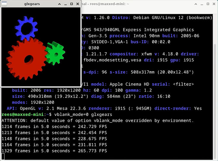 glxgears output with i915 hardware GPU renderer