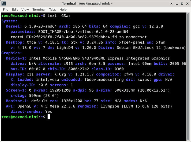 Output of inxi command showing llvmpipe renderer